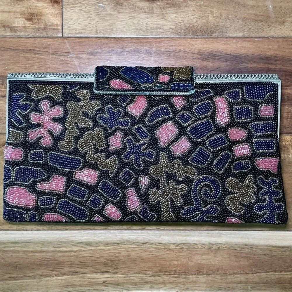 VINTAGE Black Multicolor Beaded Evening Clutch Metal Frame Bag